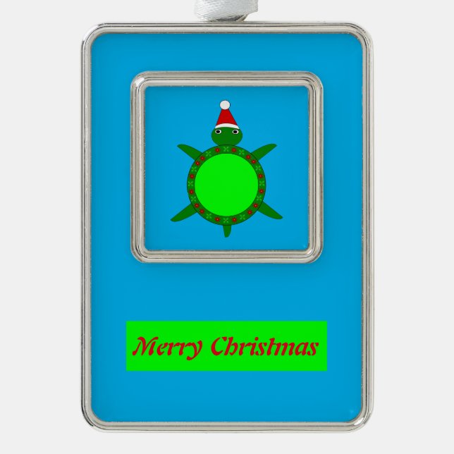 Cute Christmas Turtle with Flowery Shell Custom Silver Plated Framed Ornament (Front)
