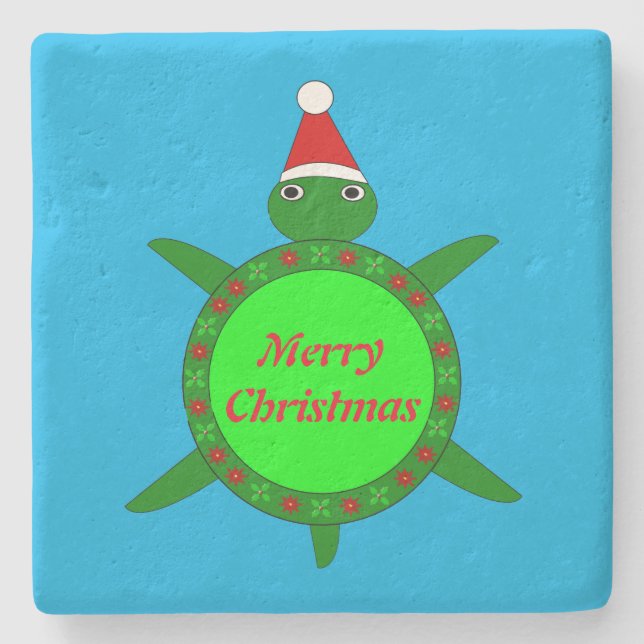 Cute Christmas Turtle with Flowery Shell Custom Stone Coaster (Front)