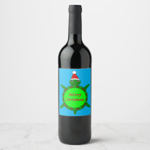 Cute Christmas Turtle with Flowery Shell Custom Wine Label