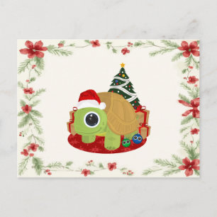 Cute Christmas Turtle with Holly Mistletoe Holiday Postcard