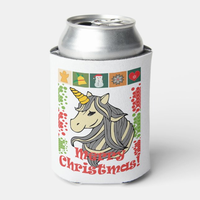 Cute Christmas Unicorn. Can Cooler (Can Front)