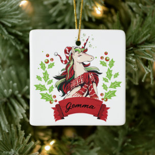 Cute Christmas Unicorn Custom Name Ceramic Ornament