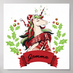 Cute Christmas Unicorn Custom Name     Poster
