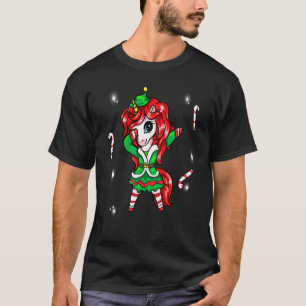 Cute Christmas Unicorn Dabbing Dancing Elf Girl Co T-Shirt
