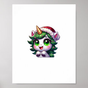 Cute Christmas Unicorn in Tree Costume Cartoon Tan Poster