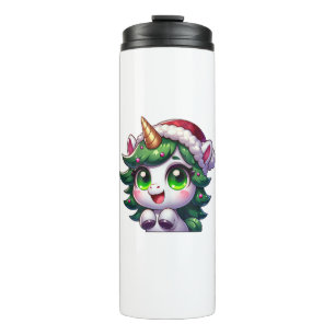 Cute Christmas Unicorn in Tree Costume Cartoon Tan Thermal Tumbler