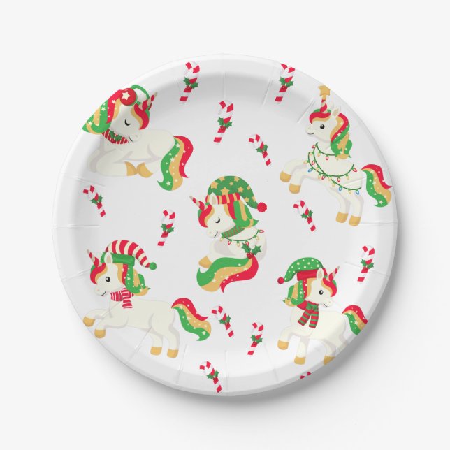 Cute Christmas Unicorns Festive Modern Girly Kids Paper Plate (Front)