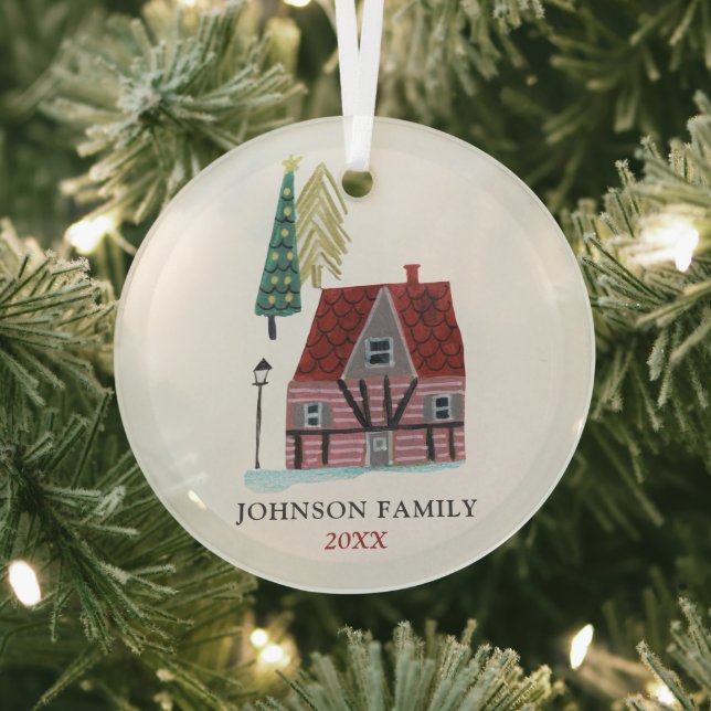 Cute Christmas Village Houses Personalised  Glass Tree Decoration (Insitu)