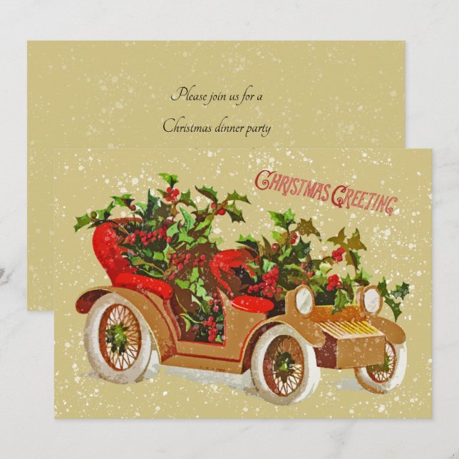 Cute Christmas Vintage Car Holly Snow Gold Invitation (Front/Back)