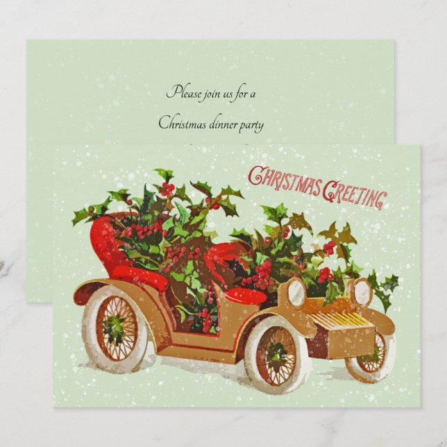 Cute Christmas Vintage Car Holly Snow Sage Invitation (Front/Back)