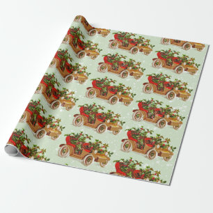 Cute Christmas Vintage Car with Holly on Sage Wrapping Paper
