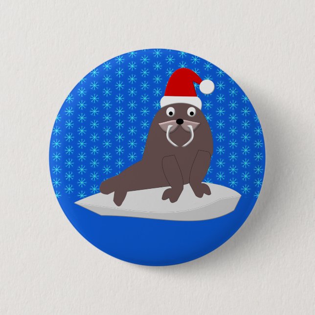Cute Christmas Walrus and Snowflakes 6 Cm Round Badge (Front)