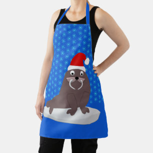 Cute Christmas Walrus and Snowflakes Apron