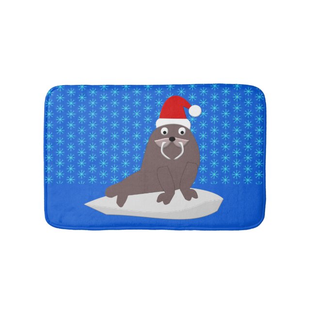 Cute Christmas Walrus and Snowflakes Bath Mat (Front)