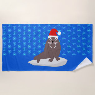 Cute Christmas Walrus and Snowflakes Beach Towel
