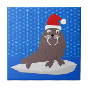 Cute Christmas Walrus and Snowflakes Ceramic Tile
