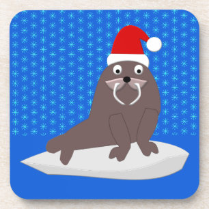 Cute Christmas Walrus and Snowflakes Coaster