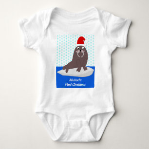 Cute Christmas Walrus and Snowflakes Custom Baby Bodysuit