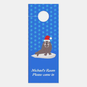 Cute Christmas Walrus and Snowflakes Custom Door Hanger