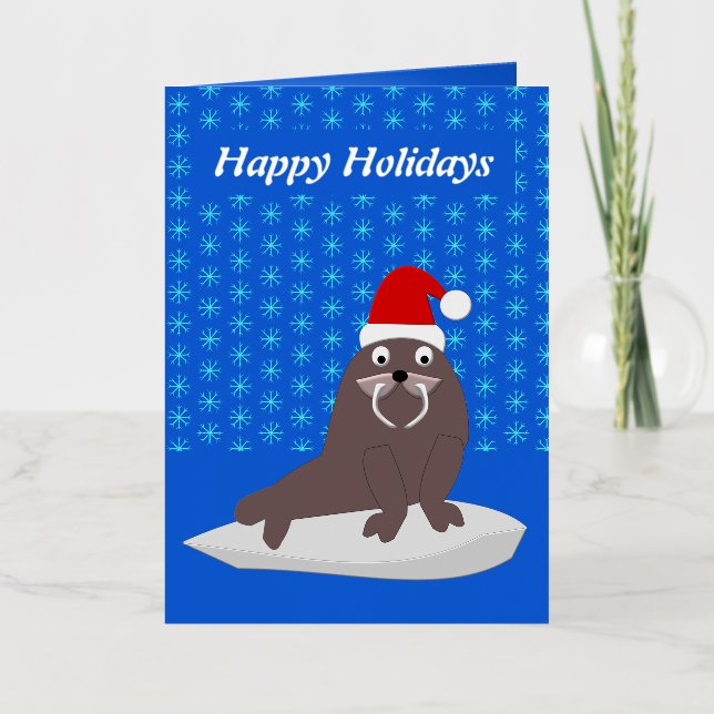 Cute Christmas Walrus and Snowflakes Custom Foil Greeting Card (Front)