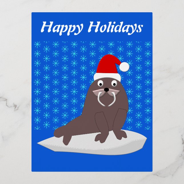 Cute Christmas Walrus and Snowflakes Custom Foil Holiday Postcard (Front)