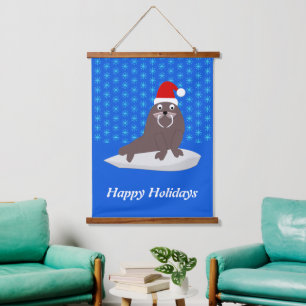 Cute Christmas Walrus and Snowflakes Custom Hanging Tapestry