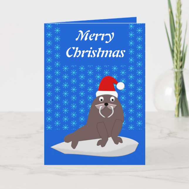 Cute Christmas Walrus and Snowflakes Custom Holiday Card (Front)