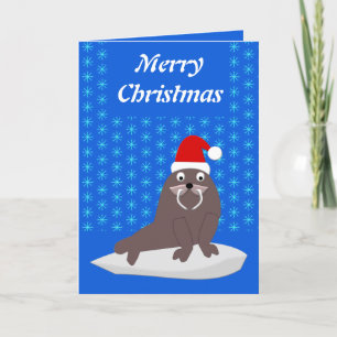 Cute Christmas Walrus and Snowflakes Custom Holiday Card