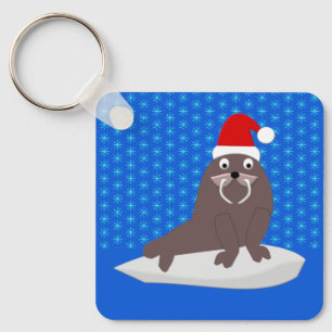 Cute Christmas Walrus and Snowflakes Custom Key Ring