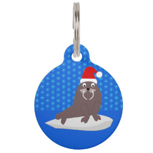 Cute Christmas Walrus and Snowflakes Custom Pet Tag