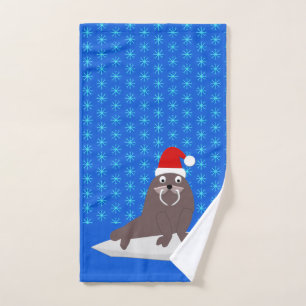 Cute Christmas Walrus and Snowflakes Hand Towel