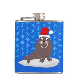 Cute Christmas Walrus and Snowflakes Hip Flask