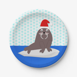 Cute Christmas Walrus and Snowflakes Paper Plate