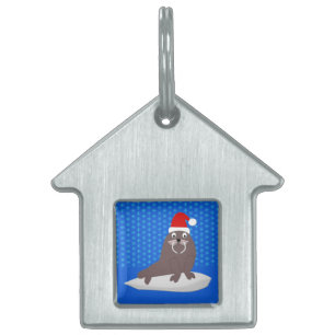 Cute Christmas Walrus and Snowflakes Pet ID Tag