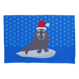 Cute Christmas Walrus and Snowflakes Pillowcase