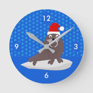 Cute Christmas Walrus and Snowflakes Round Clock