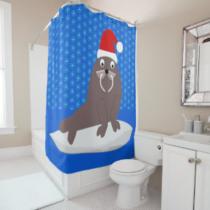 Cute Christmas Walrus and Snowflakes Shower Curtain