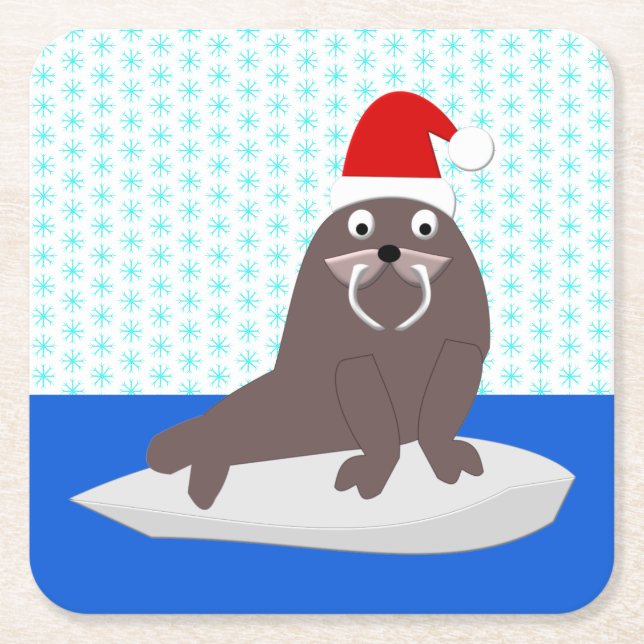 Cute Christmas Walrus and Snowflakes Square Paper Coaster (Front)