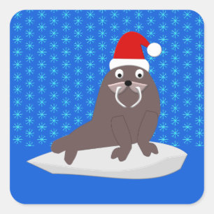 Cute Christmas Walrus and Snowflakes Square Sticker