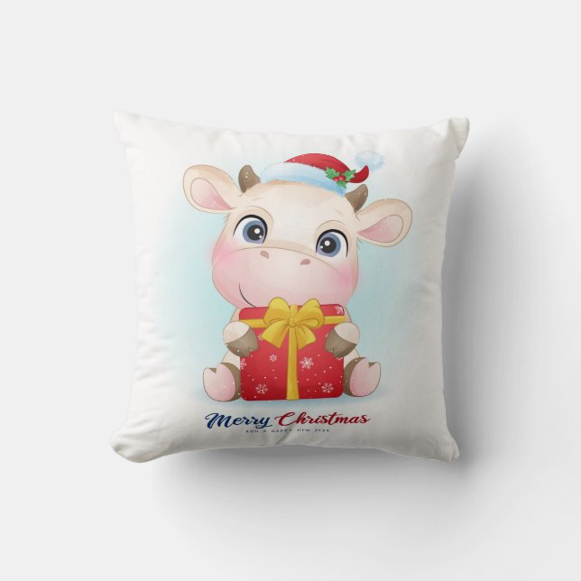 Cute Christmas Watercolor Cow Nursery Cushion (Front)