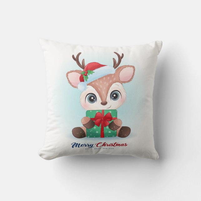 Cute Christmas Watercolor Deer Nursery Cushion (Front)