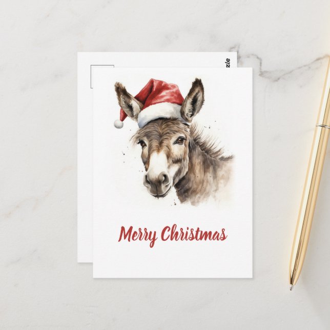 Cute Christmas Watercolor Donkey Postcard (Front/Back In Situ)