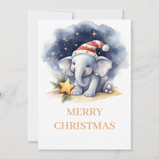 Cute Christmas Watercolor Elephant Holiday Card (Front)