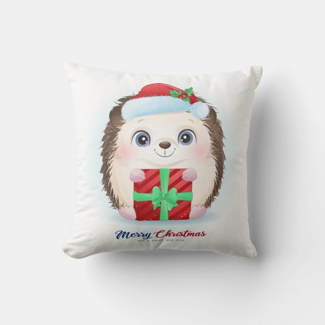 Cute Christmas Watercolor Hedgehog Nursery Cushion (Front)