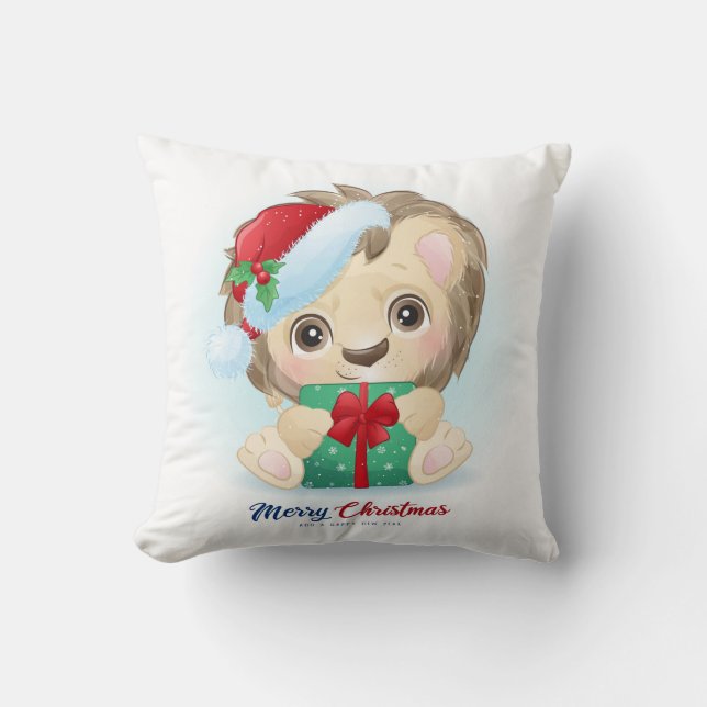 Cute Christmas Watercolor Lion Nursery Cushion (Front)
