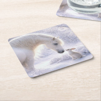 Cute Christmas White Horse and Bunny Square Paper Coaster