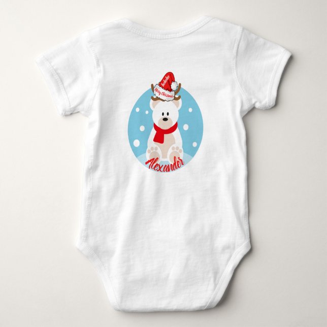 Cute Christmas White Polar Bear Red Santa Hat HoHo Baby Bodysuit (Back)