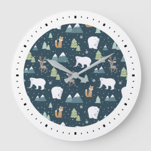 Cute Christmas Winter Animals Pattern Large Clock