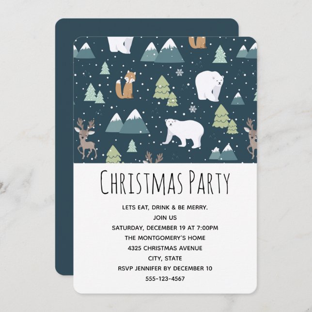 Cute Christmas Winter Animals Pattern Party Invitation (Front/Back)