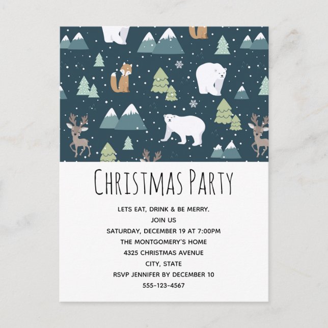 Cute Christmas Winter Animals Pattern Party Invitation Postcard (Front)